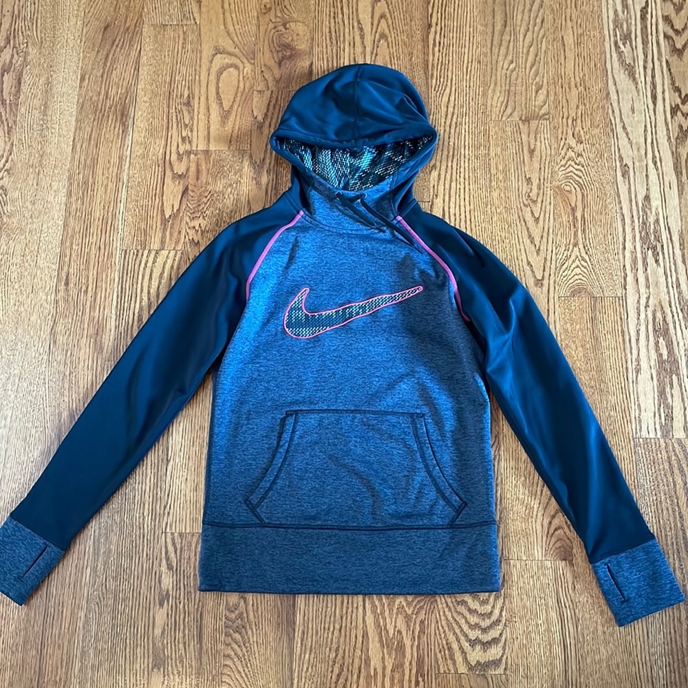 Nike hoodie, grey/black with pink detail, like new, (size: adult small)